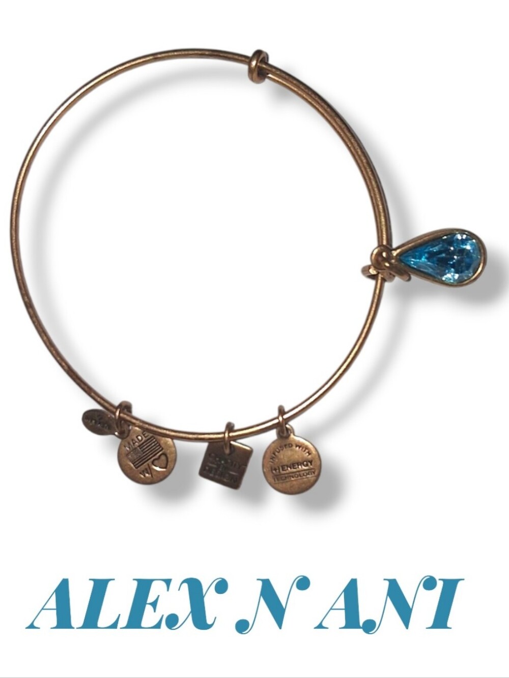 Alex and Ani Rafaelian Gold Bangle with Blue Teardrop Charm